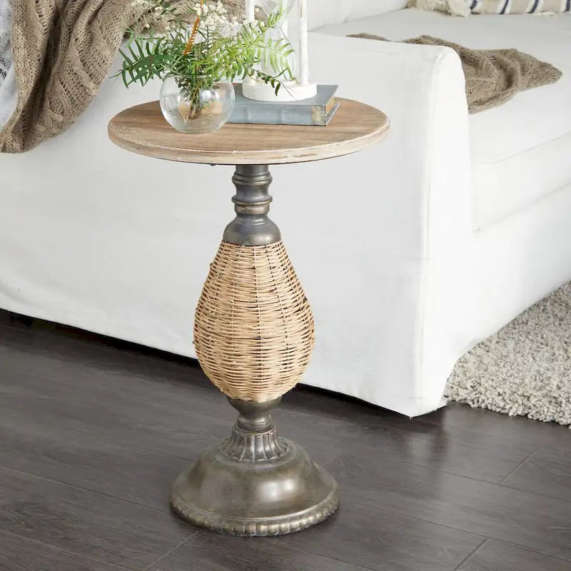 Table d'appoint en bois avec piètement en métal noir et rotin – Brun ou Blanc