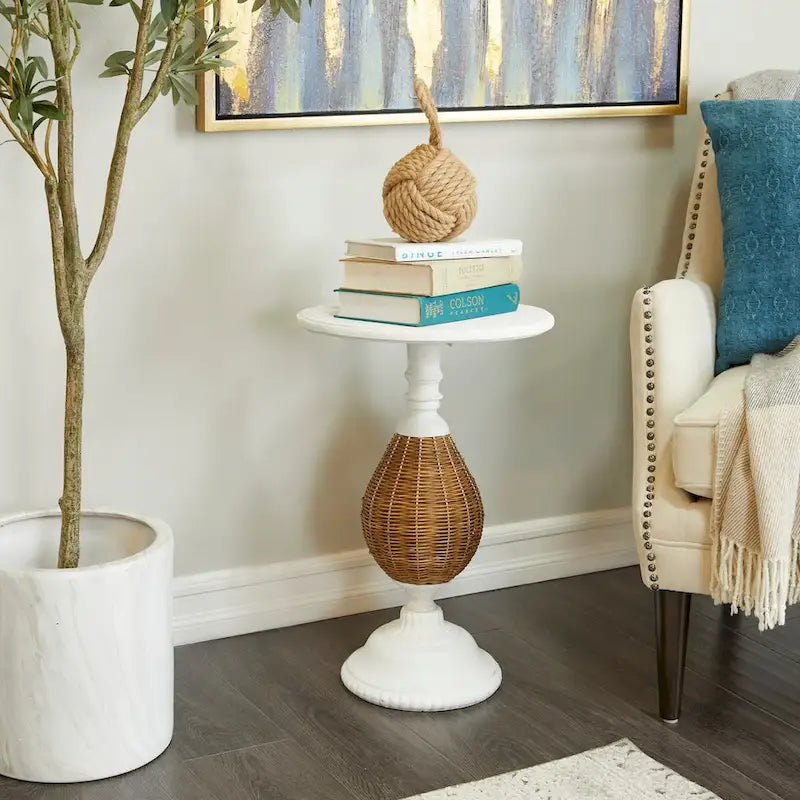 Table d'appoint en bois avec piètement en métal noir et rotin – Brun ou Blanc