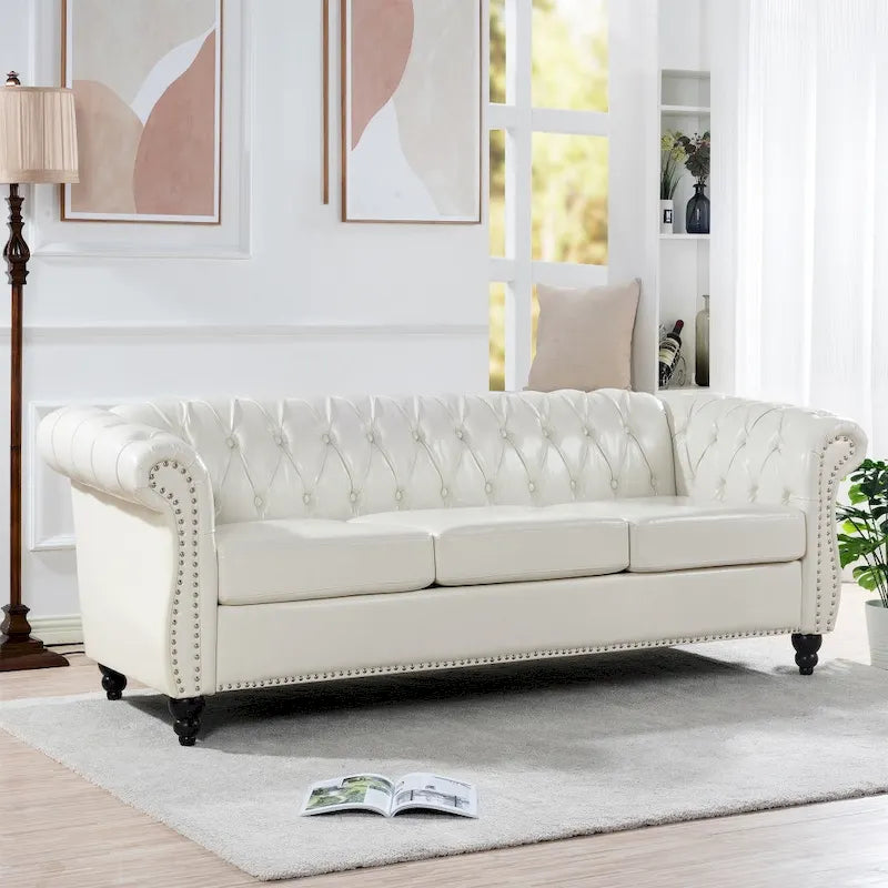 Canapé 3 places Chesterfield avec accoudoirs roulés en PU 84,65