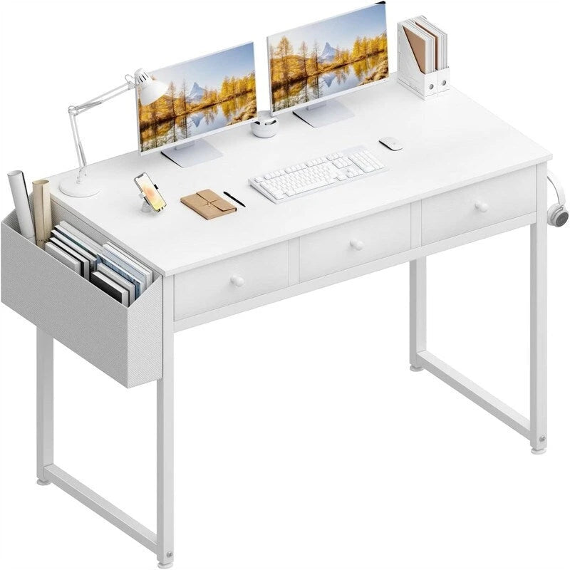 Petit bureau d'ordinateur blanc avec tiroirs en tissu