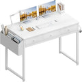 Petit bureau d'ordinateur blanc avec tiroirs en tissu
