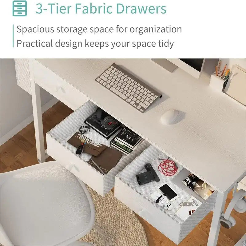 Petit bureau d'ordinateur blanc avec tiroirs en tissu