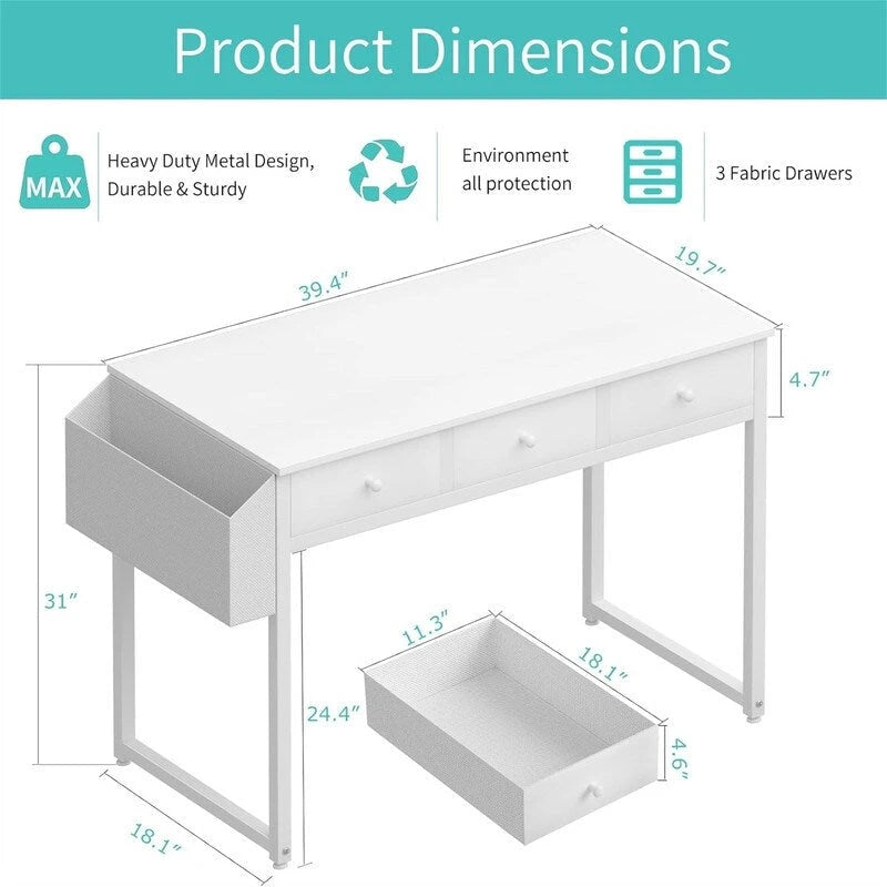 Petit bureau d'ordinateur blanc avec tiroirs en tissu