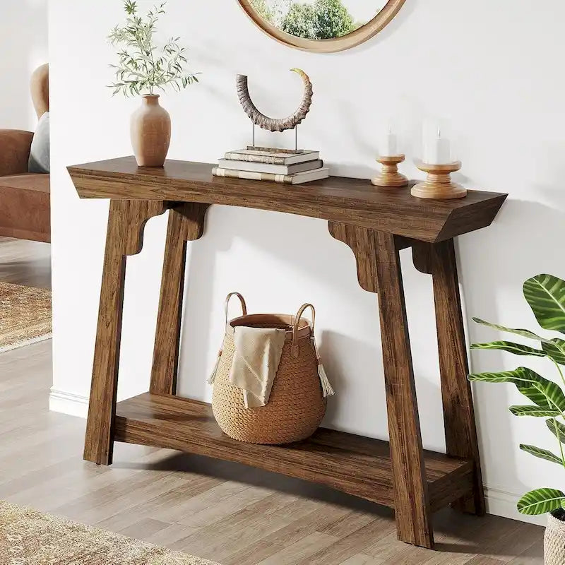 Console en bois, table d'entrée étroite à 2 niveaux avec étagère de rangement