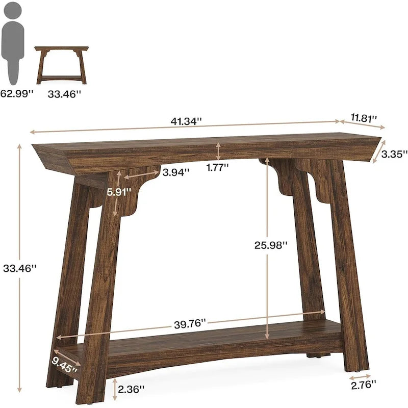 Console en bois, table d'entrée étroite à 2 niveaux avec étagère de rangement