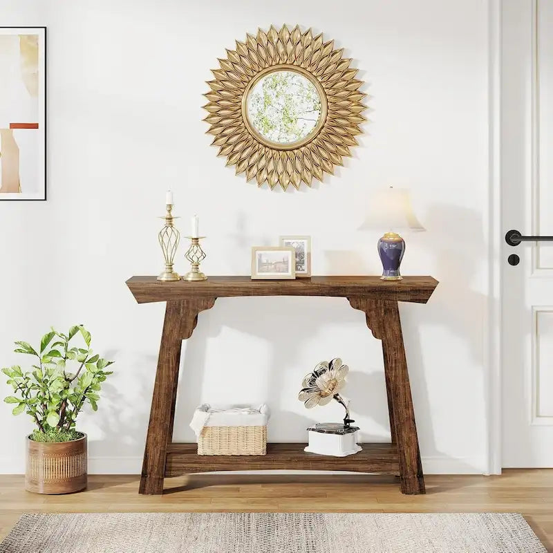 Console en bois, table d'entrée étroite à 2 niveaux avec étagère de rangement
