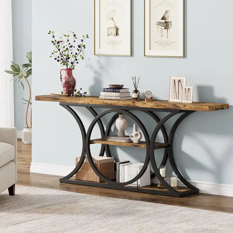Console d'entrée de 160 cm de long, Table rustique derrière le canapé