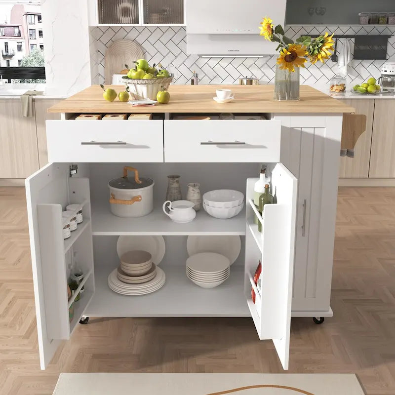 Ilot de cuisine avec abattant, Desserte de cuisine avec organisateur de placard coulissant à 3 niveaux