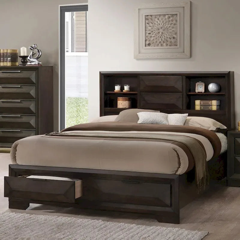 Zuloey Transitional Espresso Wood Bookcase Headboard Platform Bed with Footboard Storage Drawers