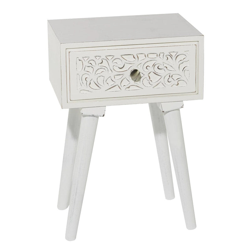 Mango Wood Scroll Intricately Carved Single Drawer Side End Accent Table - White - 