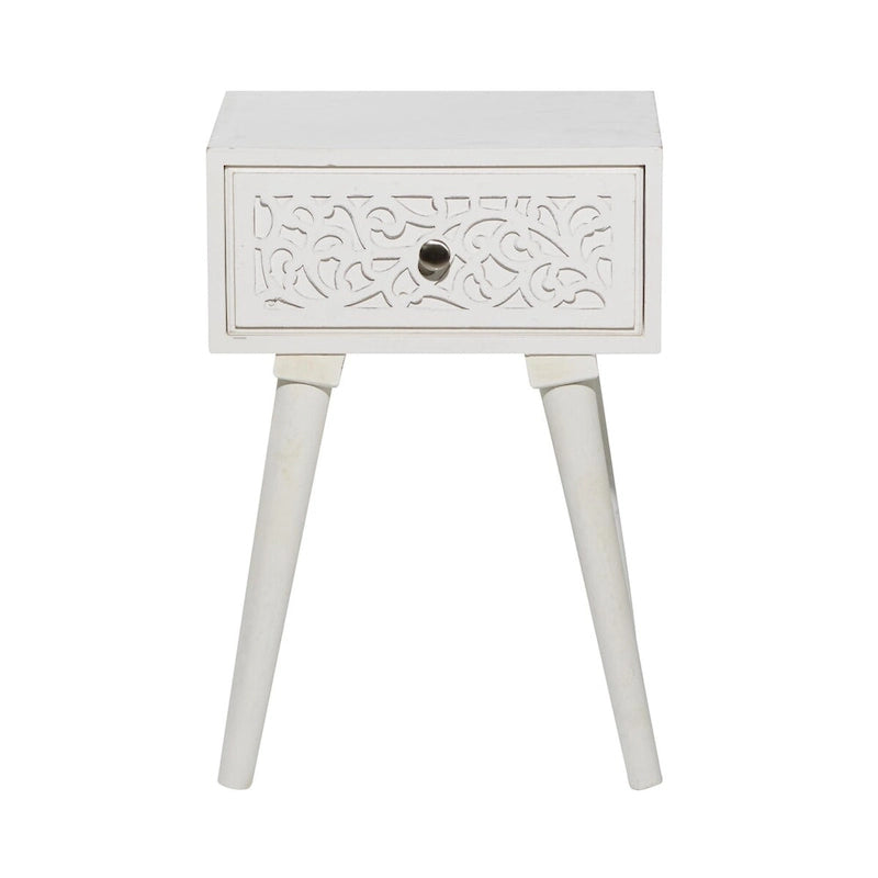 Table d'appoint/bout de canapé/d'appoint en bois de manguier avec rouleau finement sculpté, un tiroir - Blanche -
