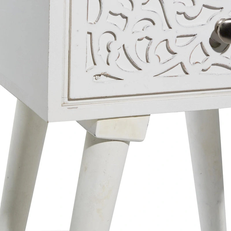 Table d'appoint/bout de canapé/d'appoint en bois de manguier avec rouleau finement sculpté, un tiroir - Blanche -