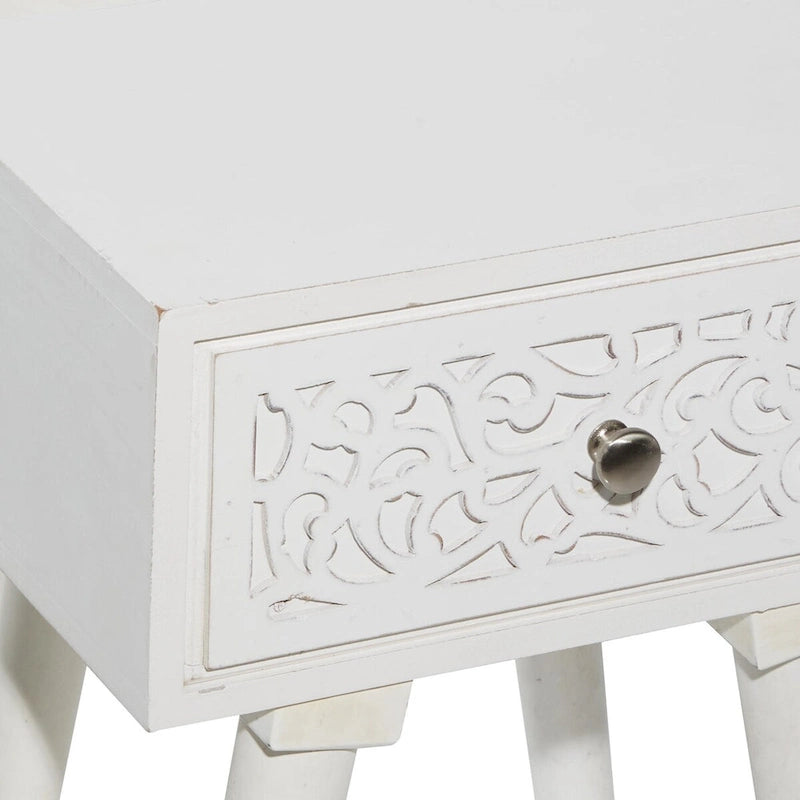 Table d'appoint/bout de canapé/d'appoint en bois de manguier avec rouleau finement sculpté, un tiroir - Blanche -