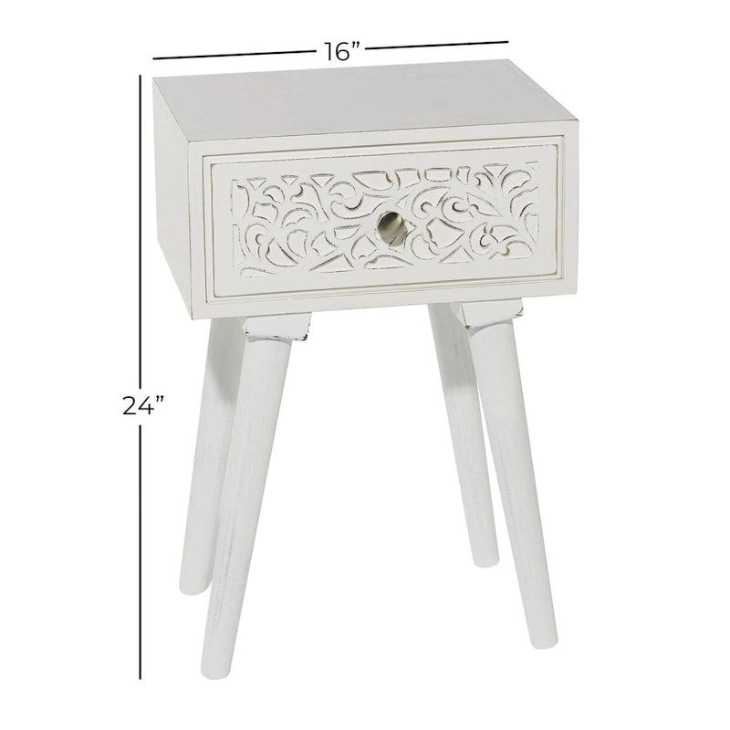 Table d'appoint/bout de canapé/d'appoint en bois de manguier avec rouleau finement sculpté, un tiroir - Blanche -