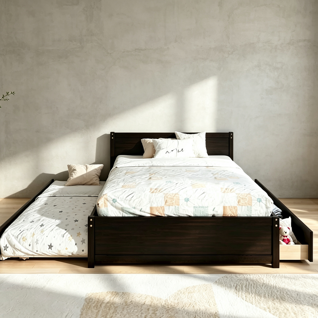 Lit double avec lit gigogne simple et 2 tiroirs