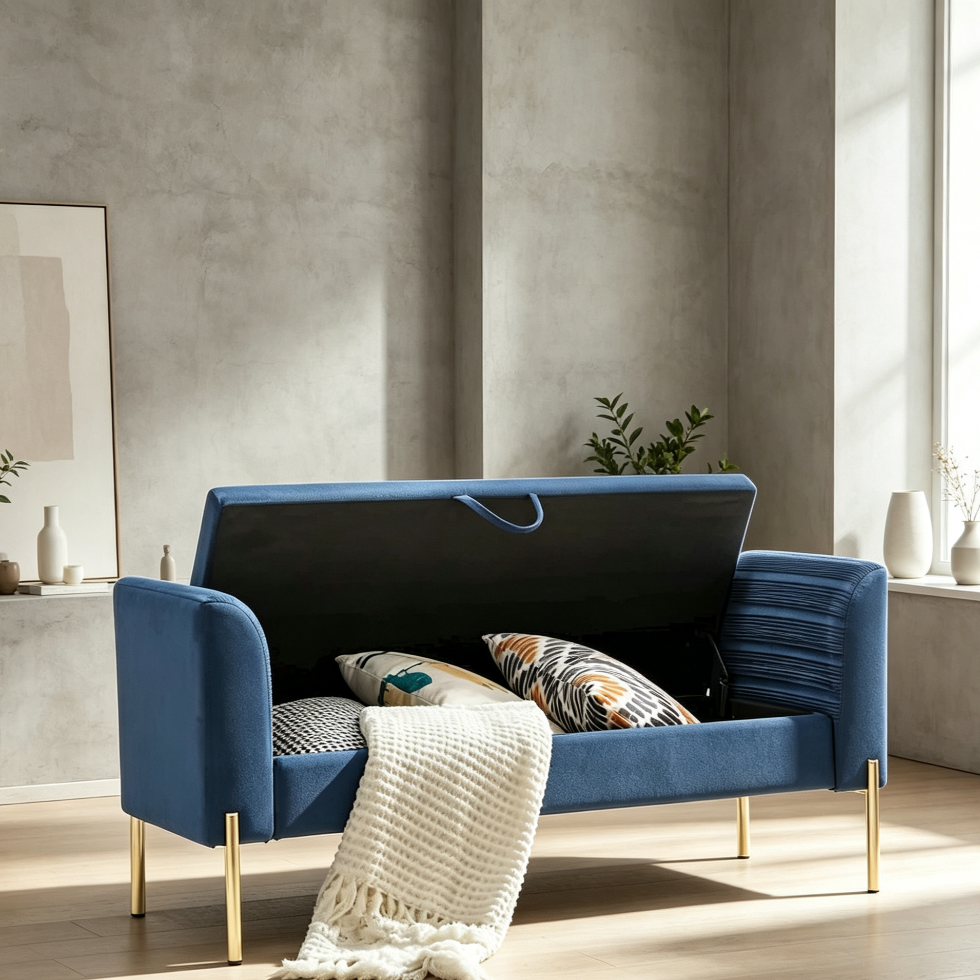 Banc ottoman de rangement, banc d'entrée en velours rembourré avec accoudoir et grand espace de rangement pour le salon - 132 cm