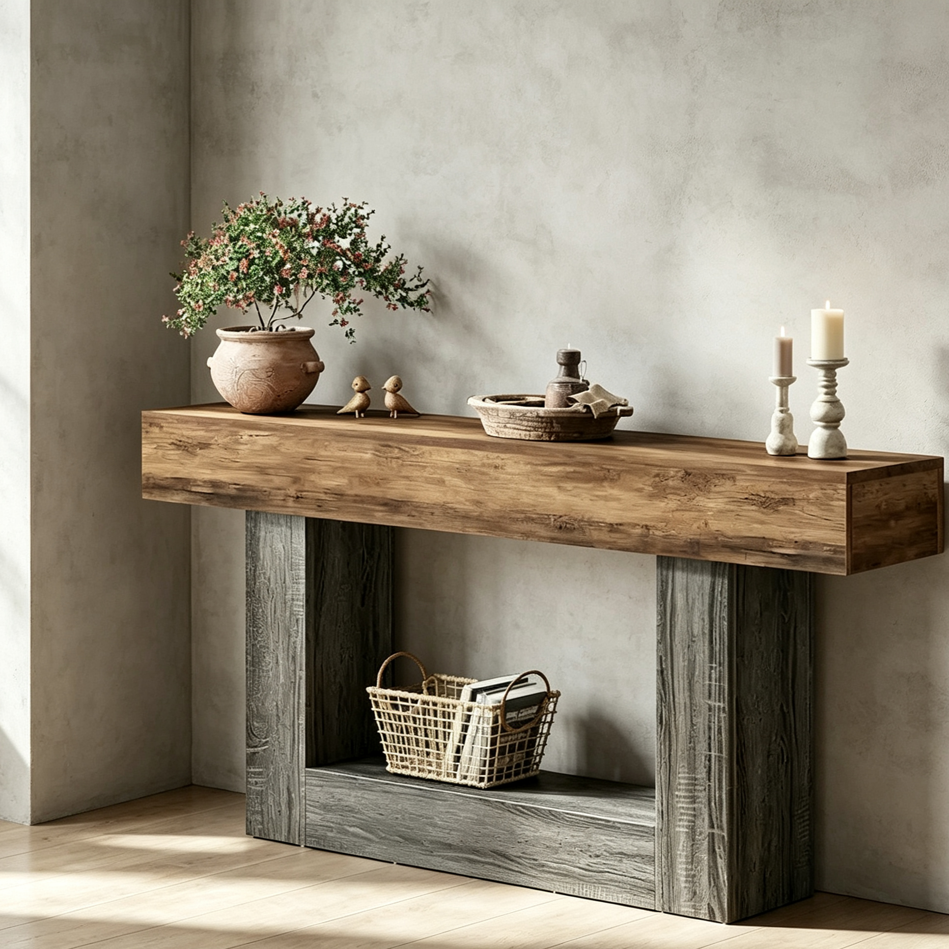 Console en bois étroite et longue, marron et grise, de 63 pouces, pour entrée