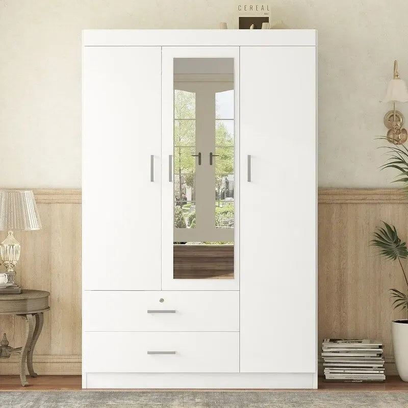 Armoire penderie 3 portes avec miroirs, étagères et 2 tiroirs